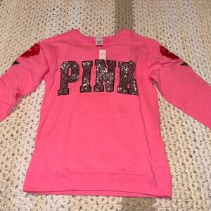 Pink by Victoria secret sweater with sequin and embroidered roses on sleeve